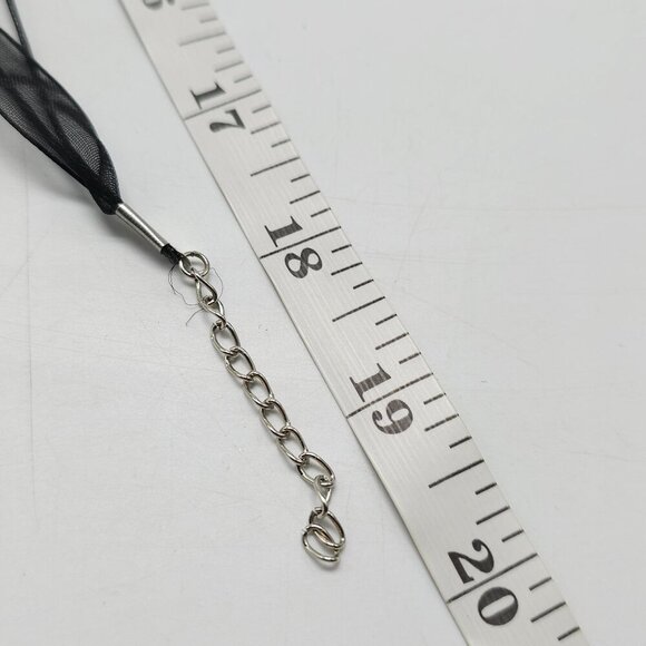 Handcrafted Black Glass Pendant Necklace With Yellow Floral On Sheer Ribbon Cord - Picture 6 of 7